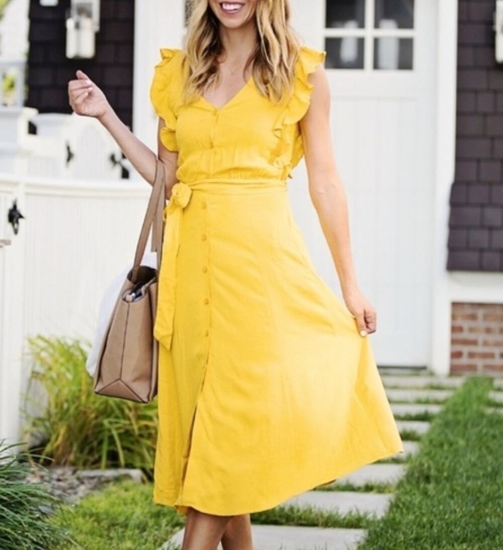 1.State Sz M Summer Dress Rich Yellow Marigold Tie Waist Ruffle Sleeve